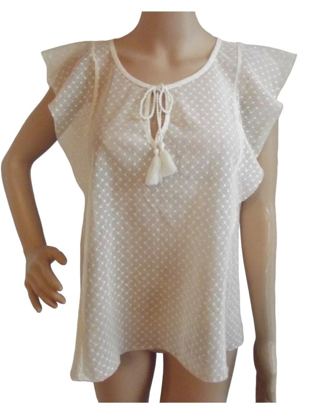Aerie Blouse Womens Small Ivory Lace Sheer Flutter Cap Sleeve Boho Cottagecore